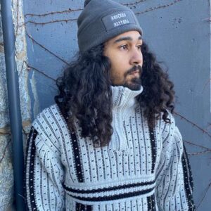 Gray and white text beanie