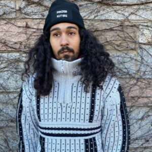 Black and white text beanie