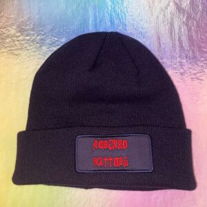 Navy and red text beanie