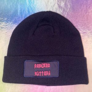 Navy and pink text beanie